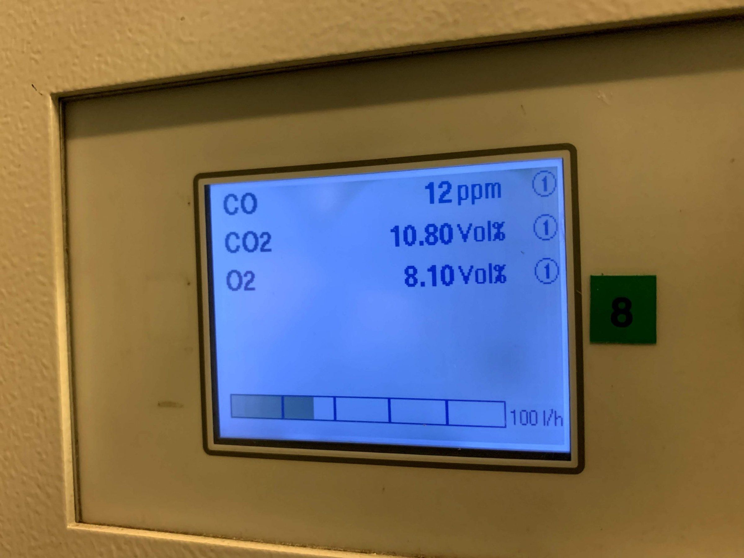 Display of a gas analyser showing CO, CO₂ and O₂