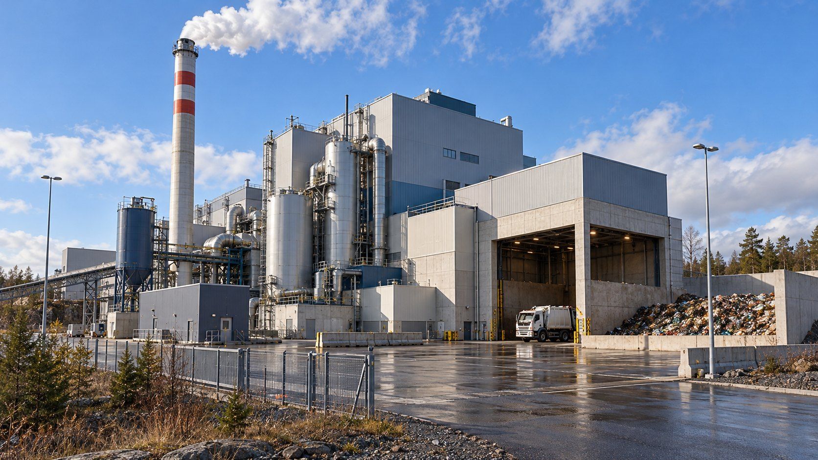 Waste incineration plant with a tall stack