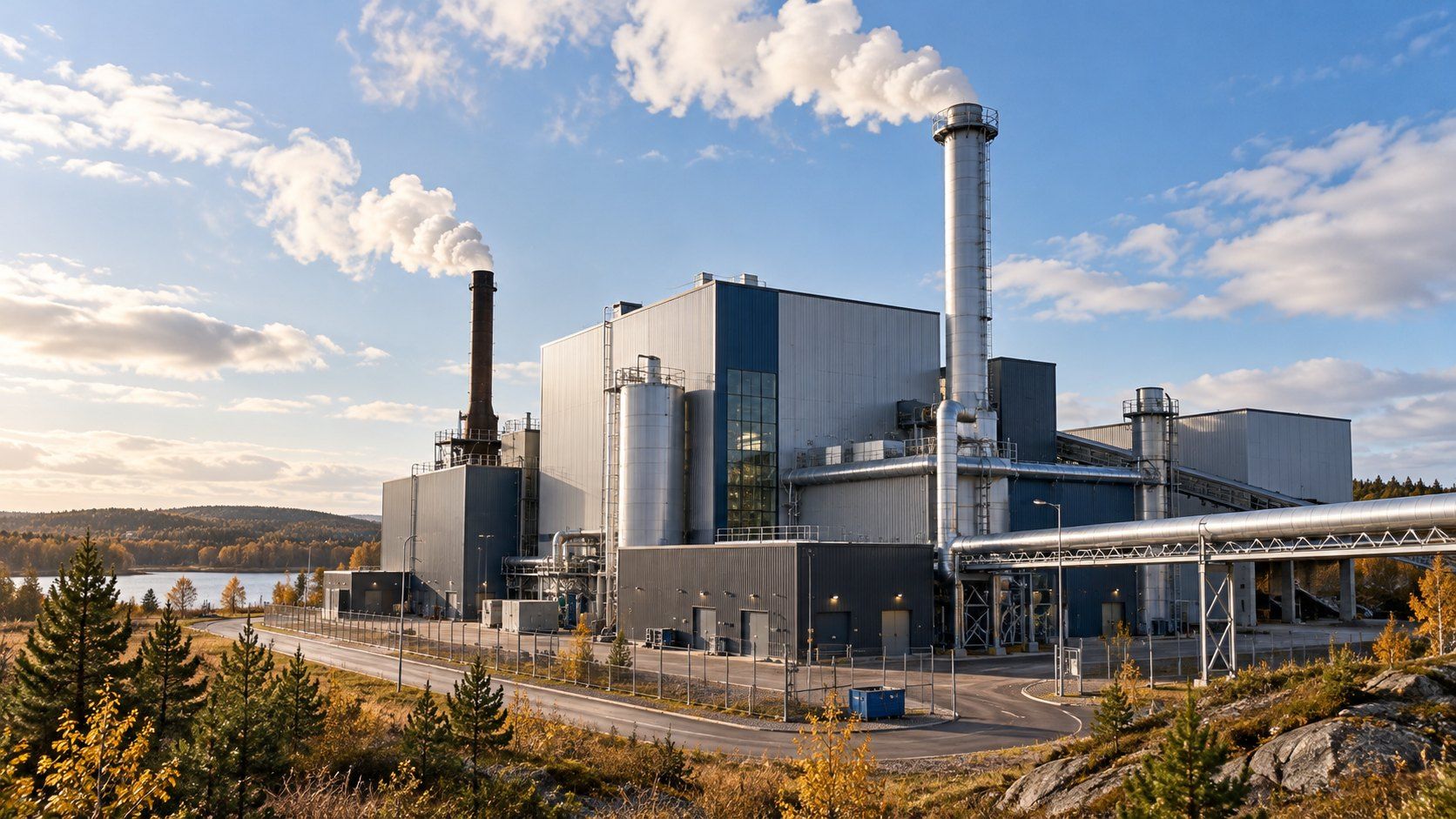 District heating plant with a stack in an autumn landscape