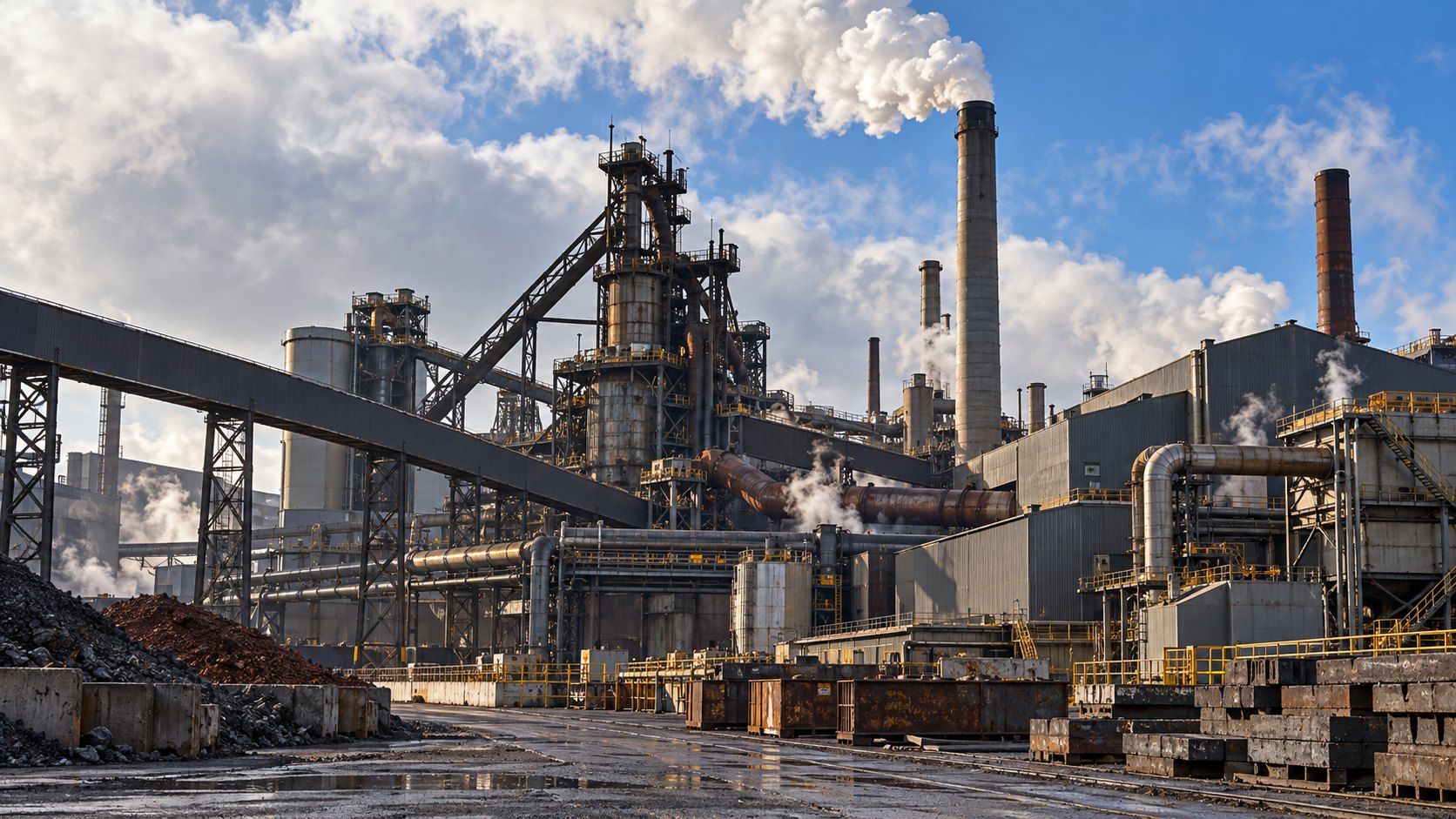 Steelworks with a blast furnace and stacks
