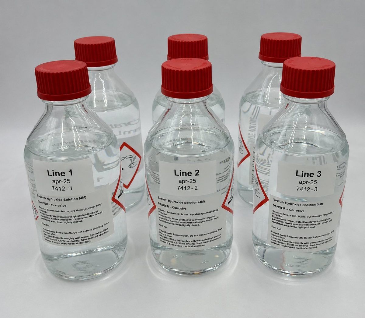 Pre-labelled bottles of absorbent for three lines