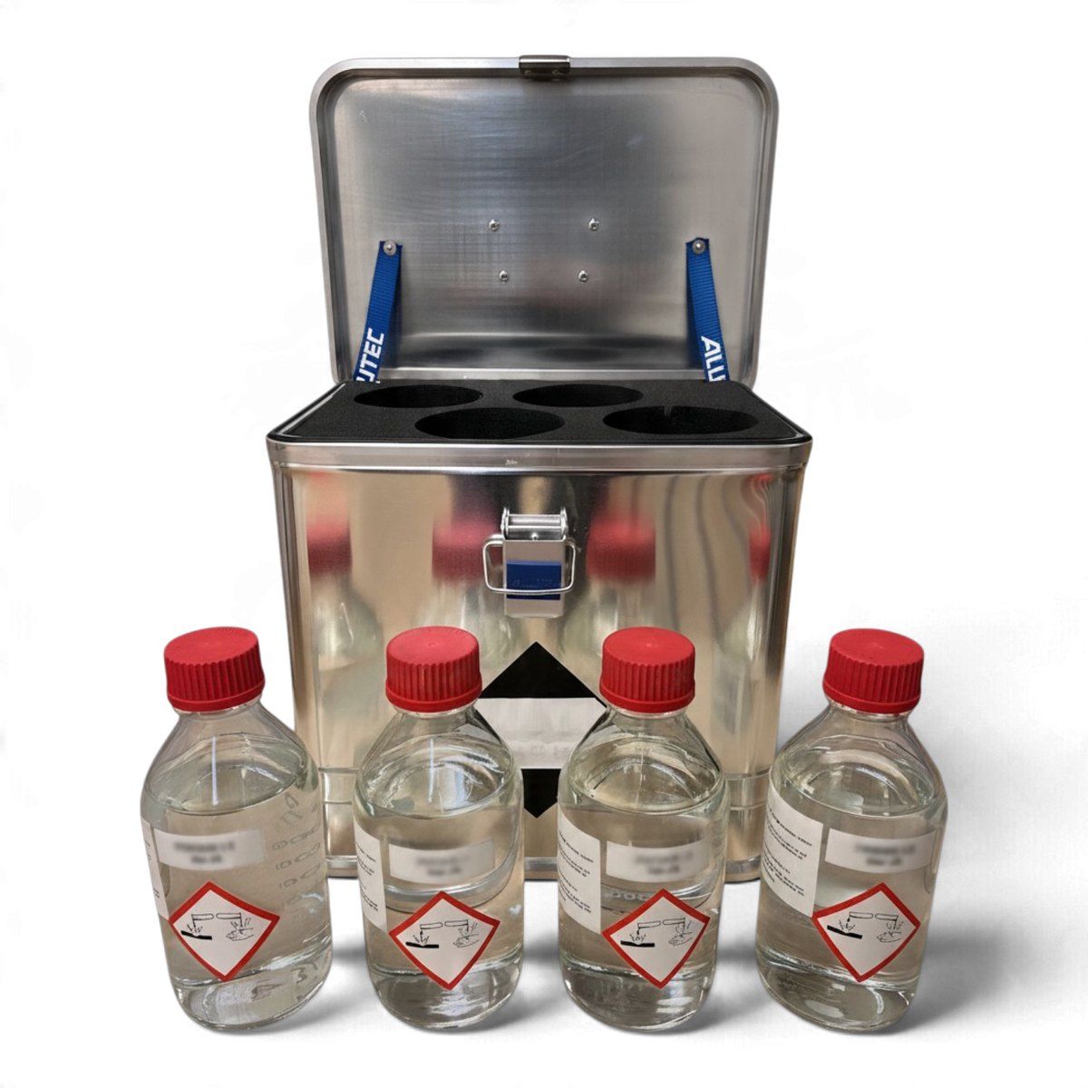 Aluminium transport case with four bottles of absorbent