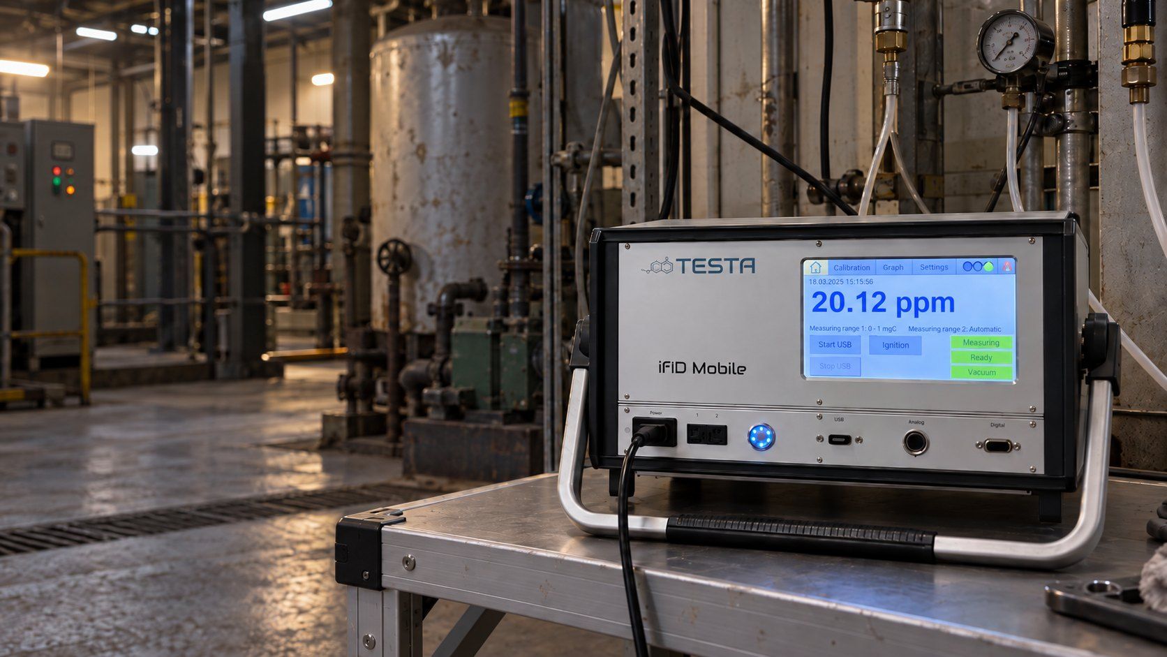 Portable FID analyser on a table in a process plant