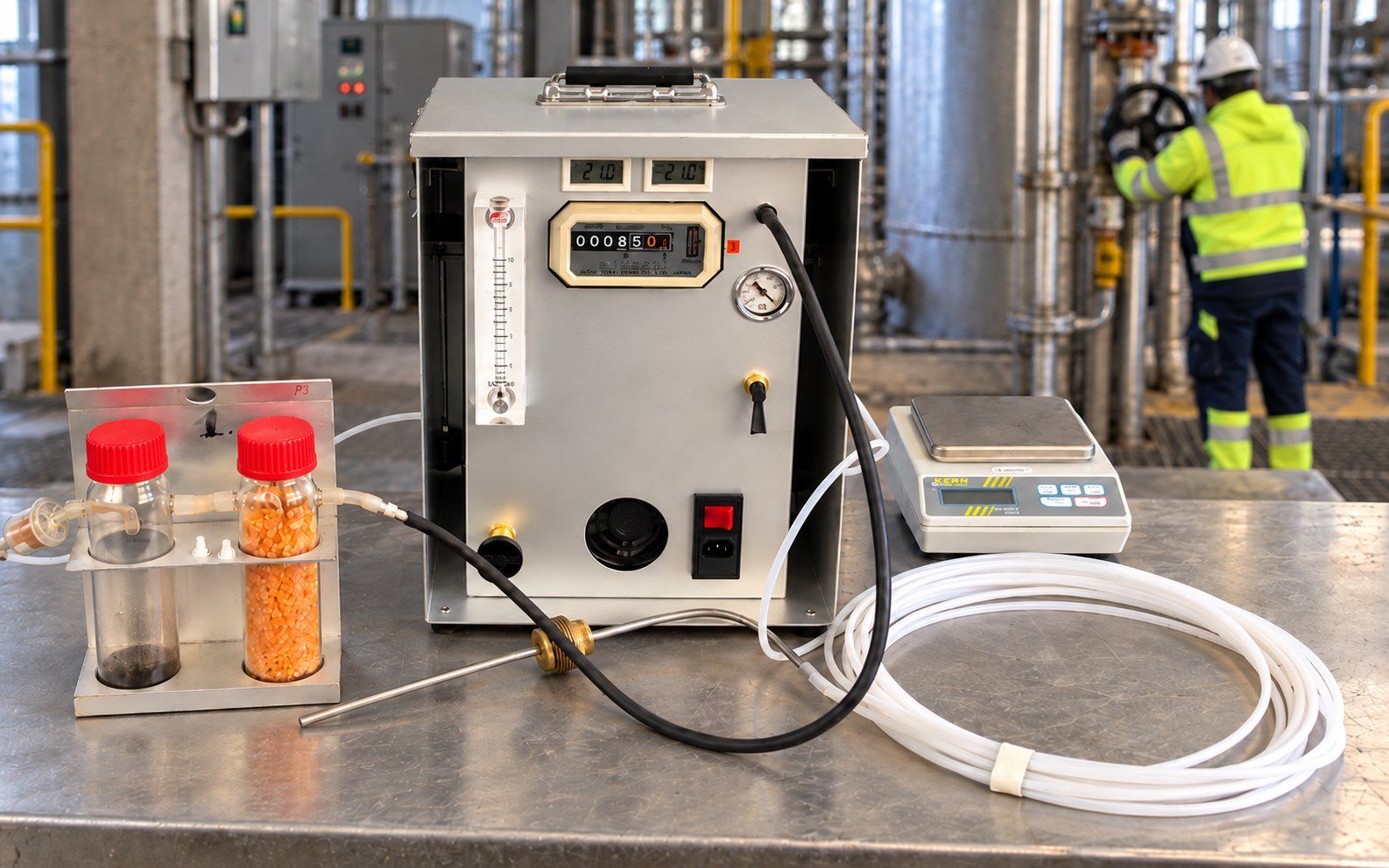 Equipment for moisture measurement at a measurement site: absorption bottles, gas meter and balance