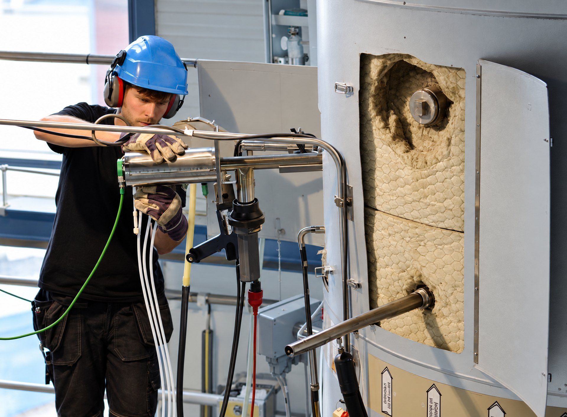 Measurement engineer fitting a sampling probe in a sampling port on an insulated duct