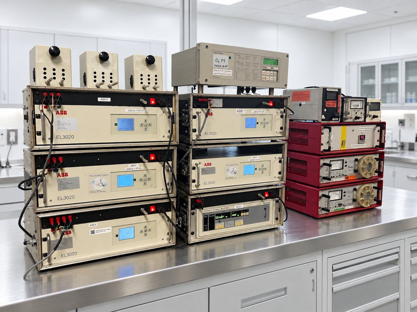Gas analysers stacked on a bench in the laboratory