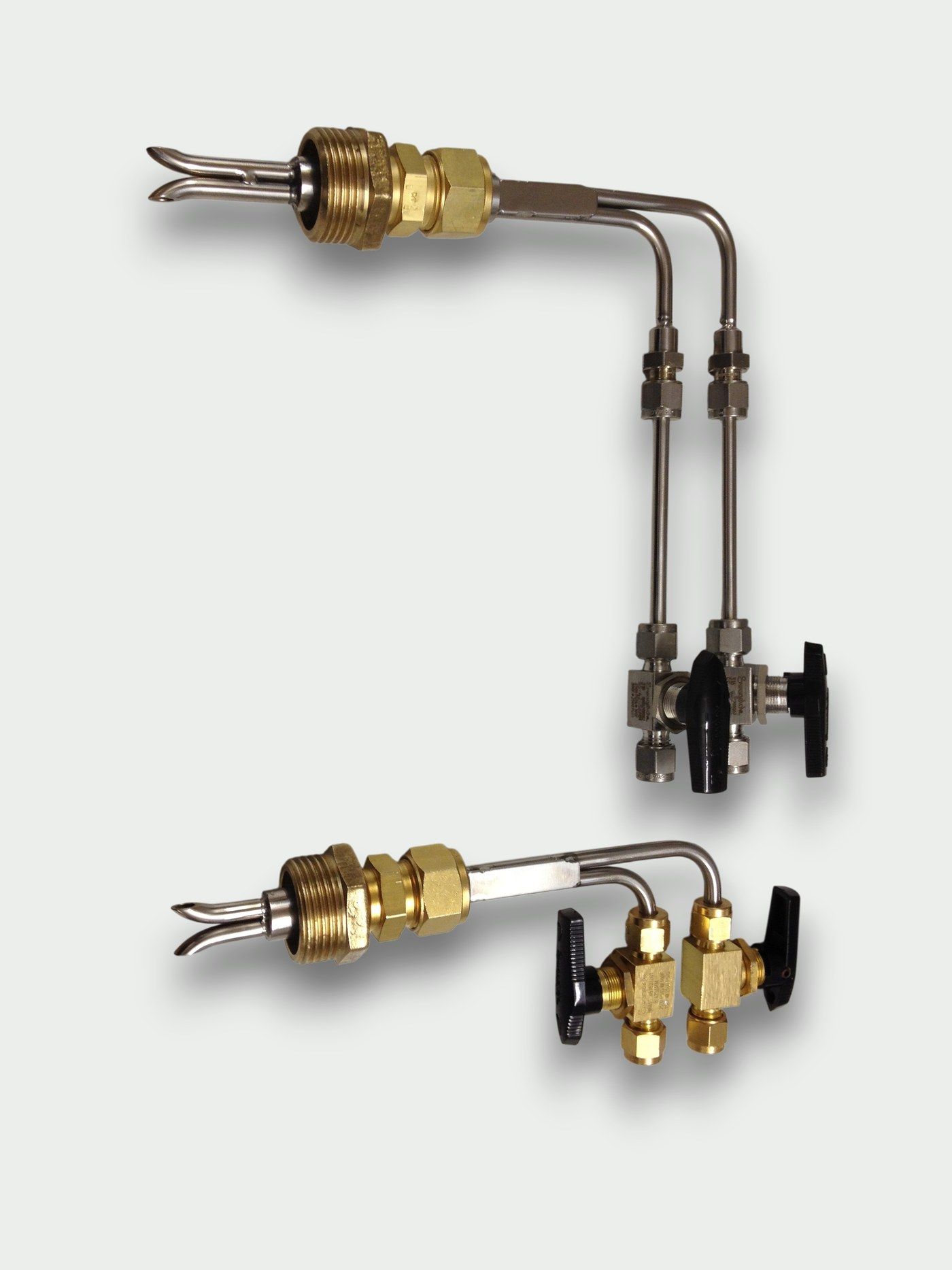Two custom-built pitot tubes with valves and brass fittings