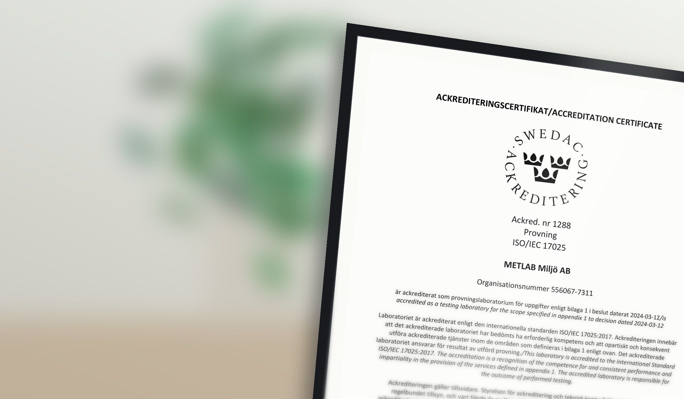 METLABs inramade ackrediteringscertifikat från Swedac: ackrediteringsnummer 1288, provning, ISO/IEC 17025