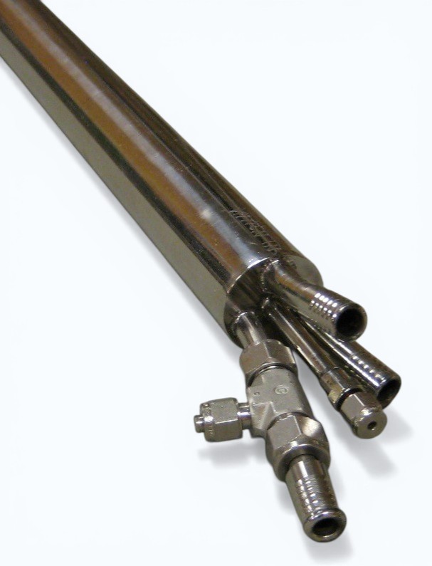 Rear view of a suction pyrometer showing connections for compressed air and water cooling