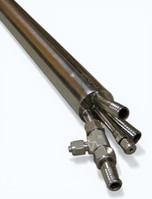 Rear view of a suction pyrometer showing connections for compressed air and water cooling