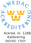 Swedac's accreditation mark for calibration, accreditation number 1288, ISO/IEC 17025