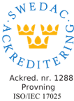 Swedac's accreditation mark for testing, accreditation number 1288, ISO/IEC 17025